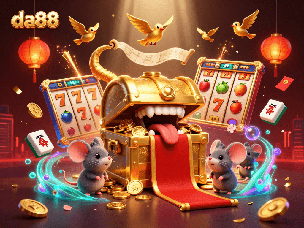 Experience da88's thrilling gaming adventure with vibrant slot reels, golden treasure, and captivating visuals.