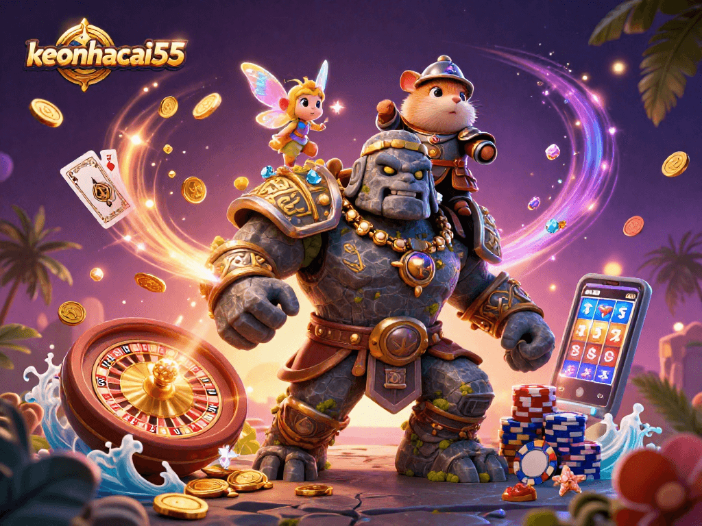 Experience gaming magic with keonhacai55 featuring an animated golem and playful characters.