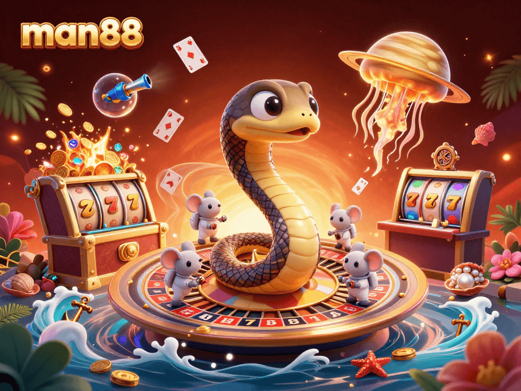 Experience thrilling betting action at man88's cosmic casino with vibrant 3D illustration.