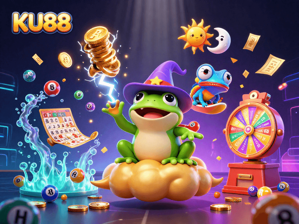 Engage in thrilling gaming adventures at KU88, where golden coins rain down in a vibrant casino scene.