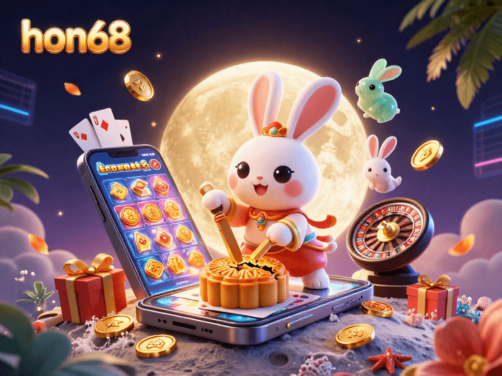 Experience the joy of gambling with hon68, featuring a lunar scene with playful characters and vibrant casino elements.