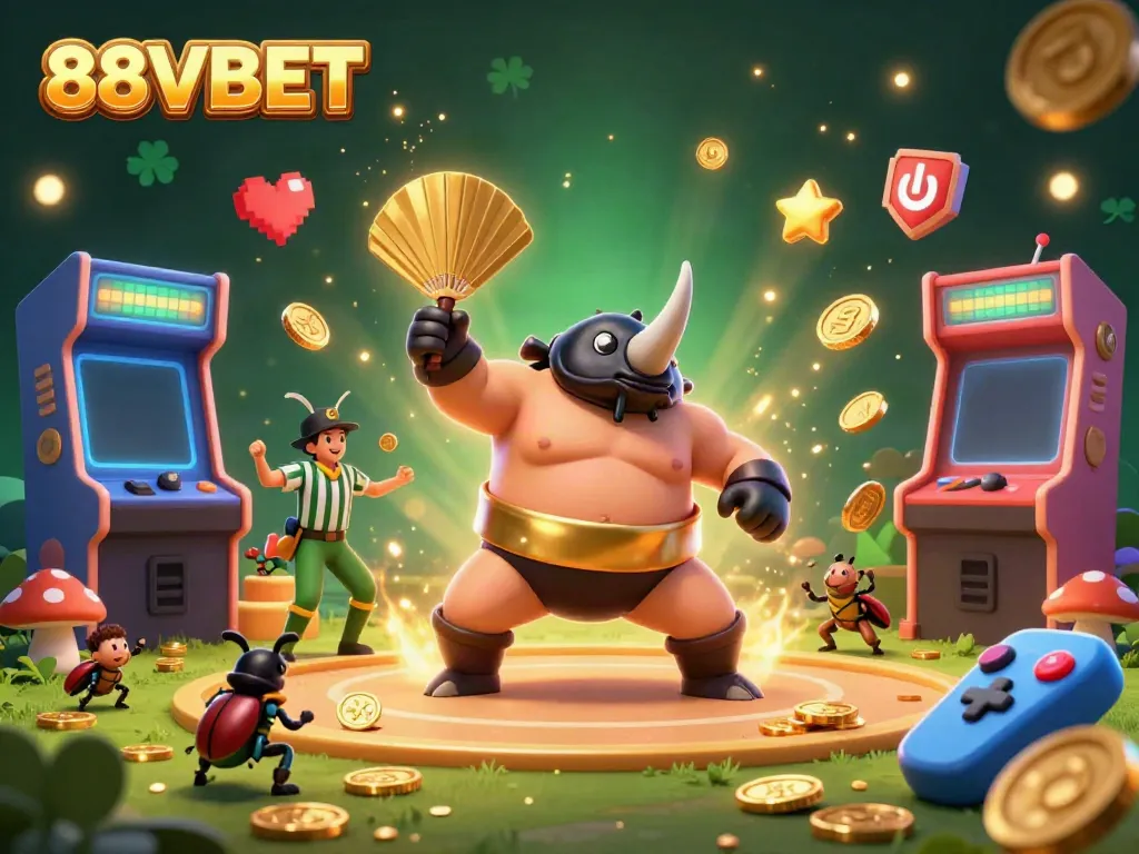 88VBET features a vibrant gaming scene with a beetle champion and colorful arcade elements.