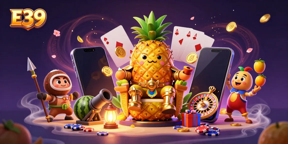 Experience thrilling gaming at E39 with the pineapple king surrounded by colorful slot mechanics and vibrant casino elements.