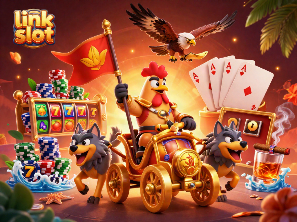 Engage with link slot themes featuring a rooster warlord and slot reels in a vibrant casino scene.