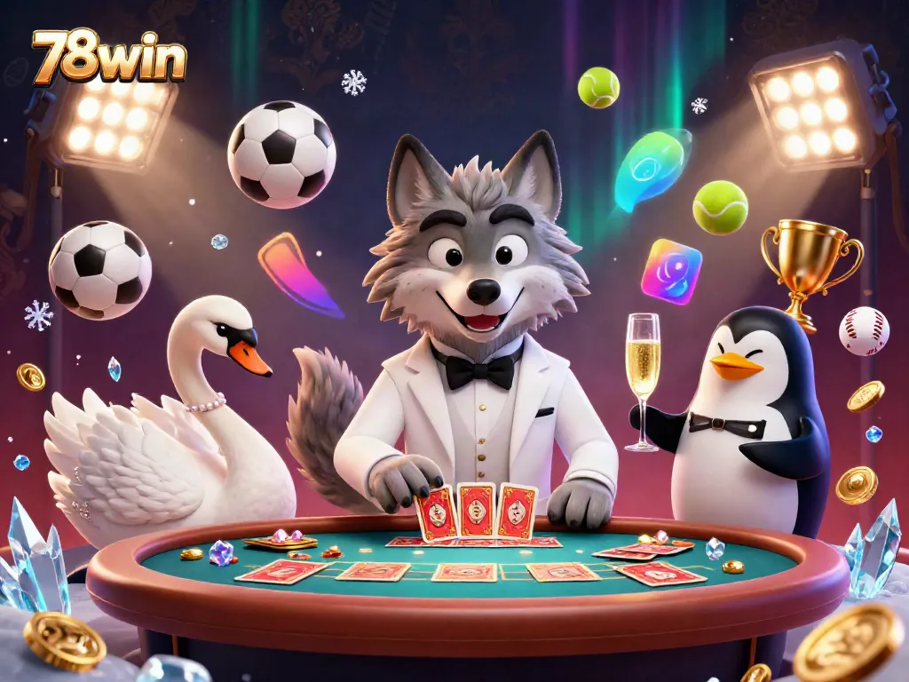 Engage with 78win's lively baccarat scene featuring a debonair wolf, elegant swan, and sophisticated penguin.