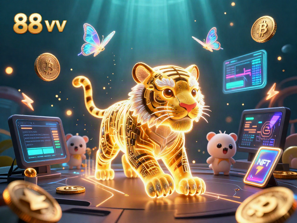 Engage with 88 vv's vibrant digital casino scene featuring a neon tiger and cryptocurrencies.