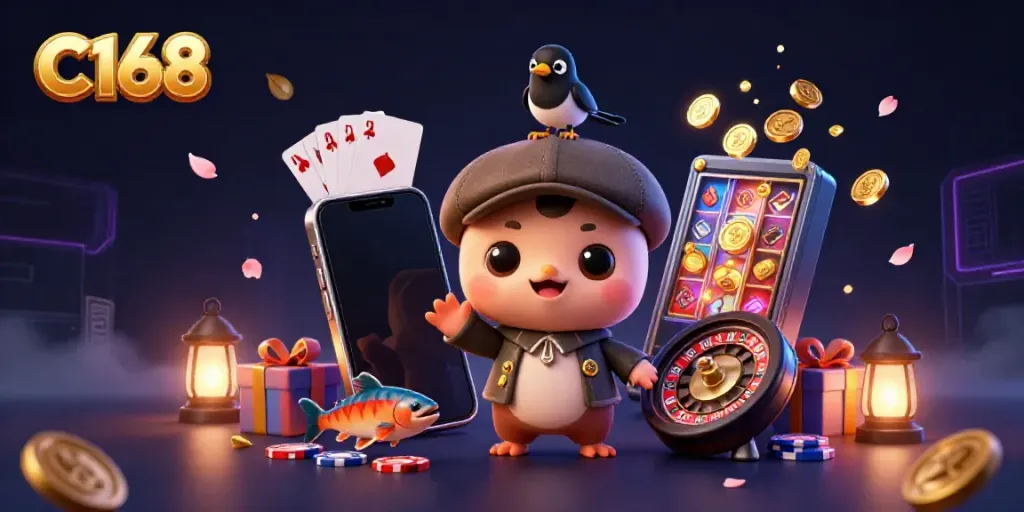 Experience excitement with C168 slot games through whimsical characters in a vibrant casino scene.
