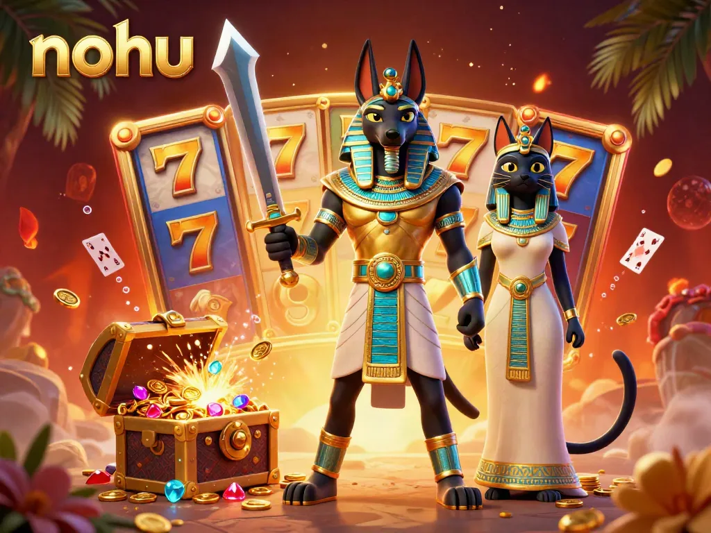 Engaging gaming scene featuring nohu with Anubis and Bastet, surrounded by explosive slot symbols and vibrant treasures.