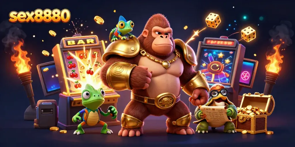 Engage with exciting games at sex8880 featuring a dynamic 3D scene of a casino gorilla king and vibrant game elements.