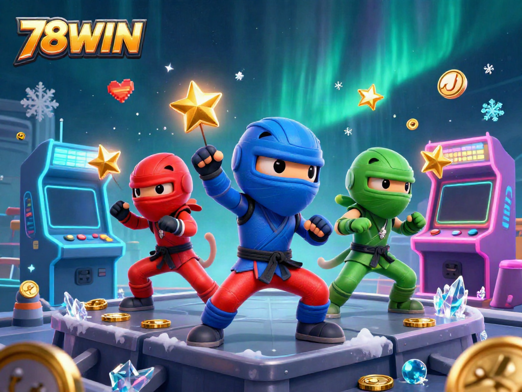Experience vibrant casino action with 78WIN's ninja chameleon team showcasing their moves among arcade game elements.