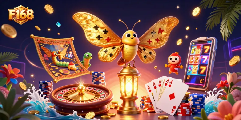 F168's vibrant casino illustration showcases exciting games, fortune-themed elements, and thrilling atmosphere.