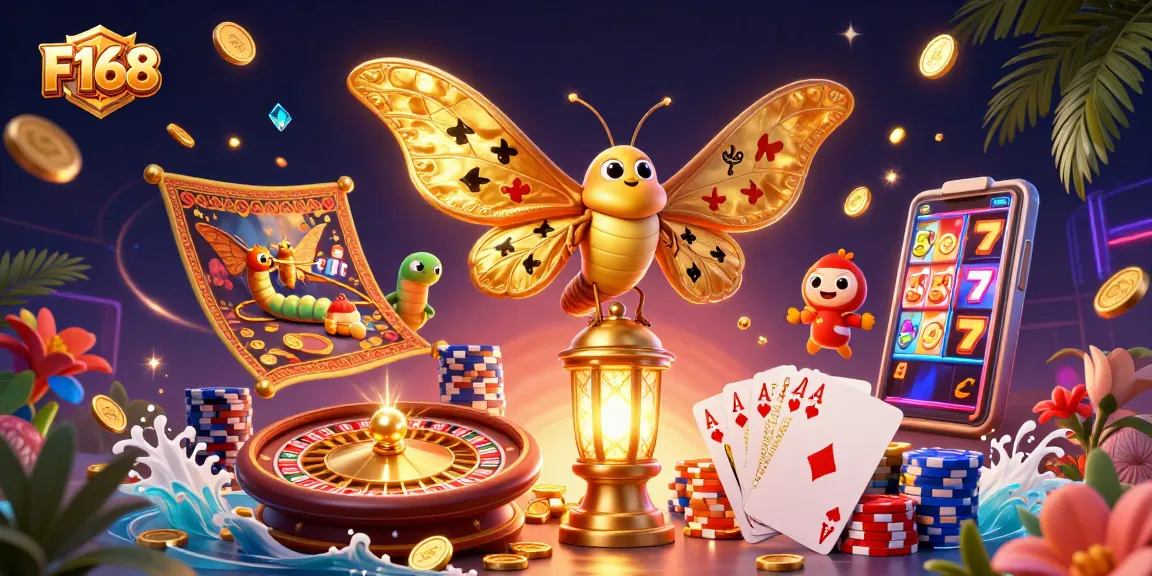 F168's vibrant casino illustration showcases exciting games, fortune-themed elements, and thrilling atmosphere.
