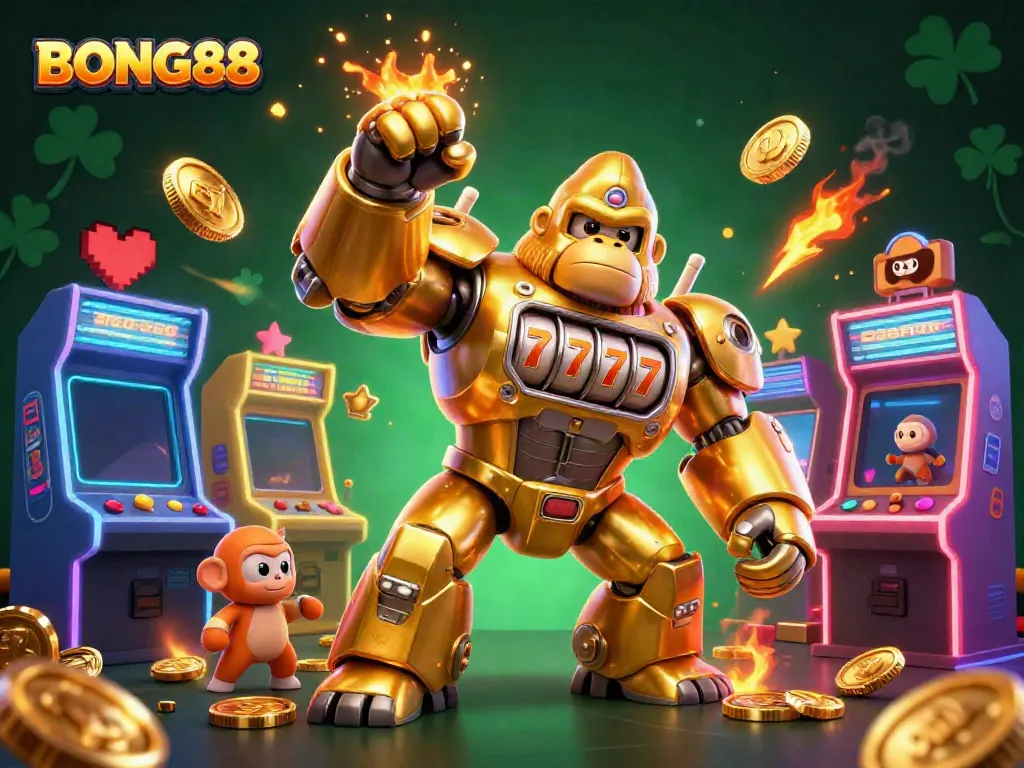 BONG88 showcases a golden gorilla mech amidst vibrant casino elements, thriving in action.