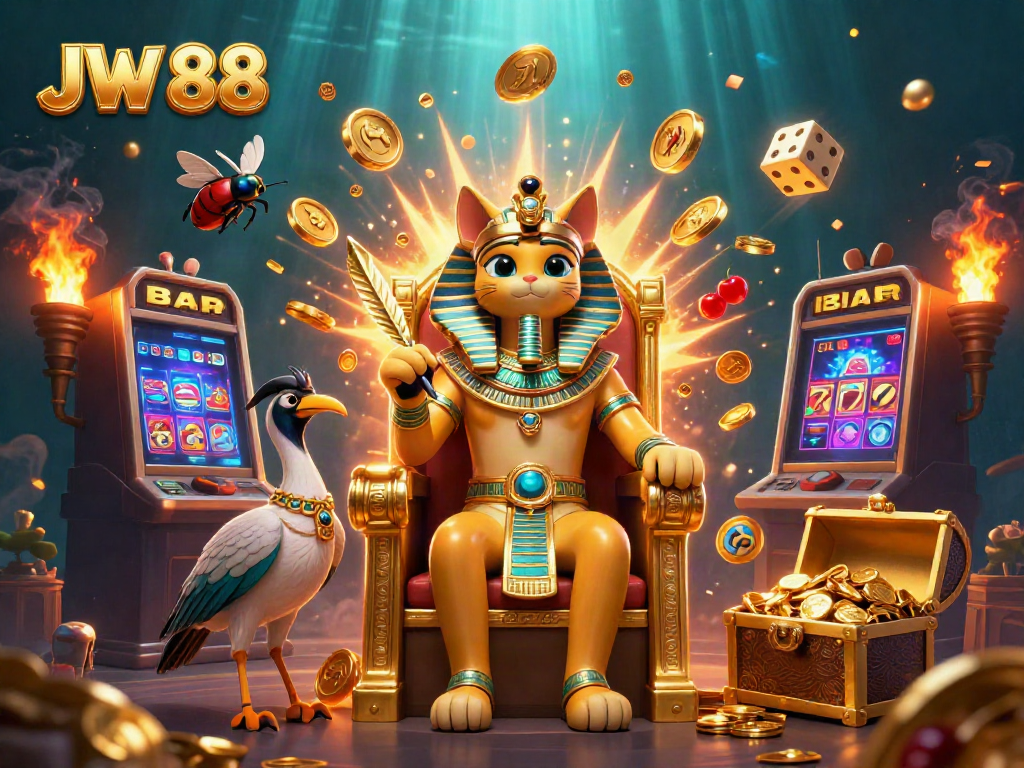 Engage in the fun with JW 88, a dynamic scene featuring a cartoon pharaoh cat surrounded by casino elements.