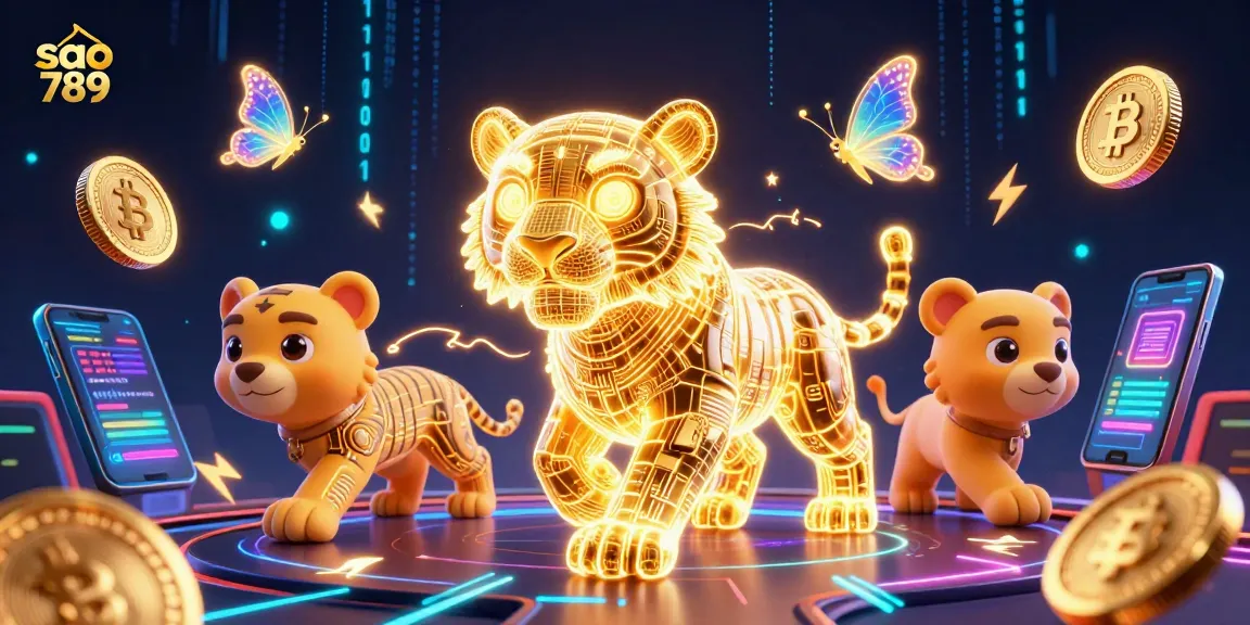 Engaging players with sao 789, featuring a vibrant digital casino scene of a golden tiger interacting with crypto elements.