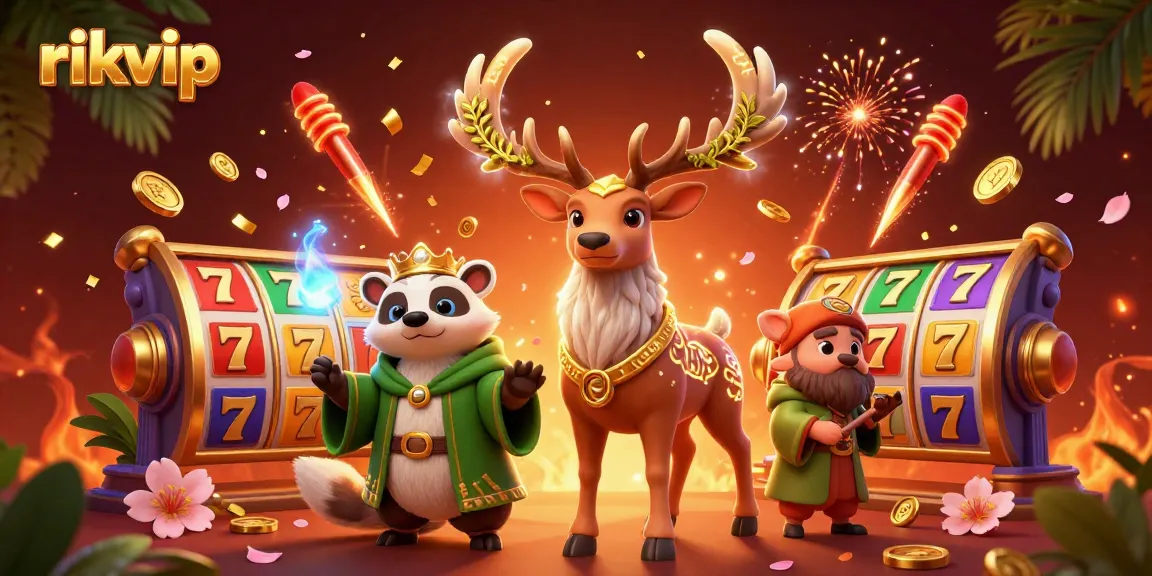 Experience exciting gaming at rikvip with slot reels and vibrant characters.