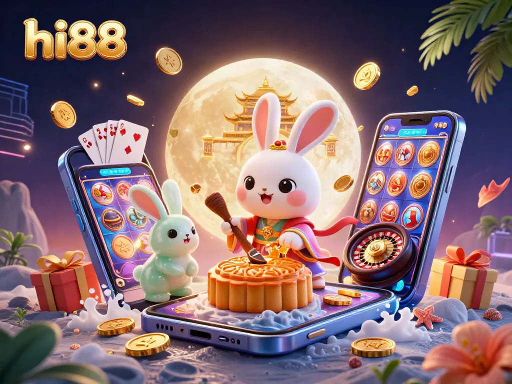 Join the excitement of hi88 as the moon rabbit reveals poker chips in an enchanting casino scene.