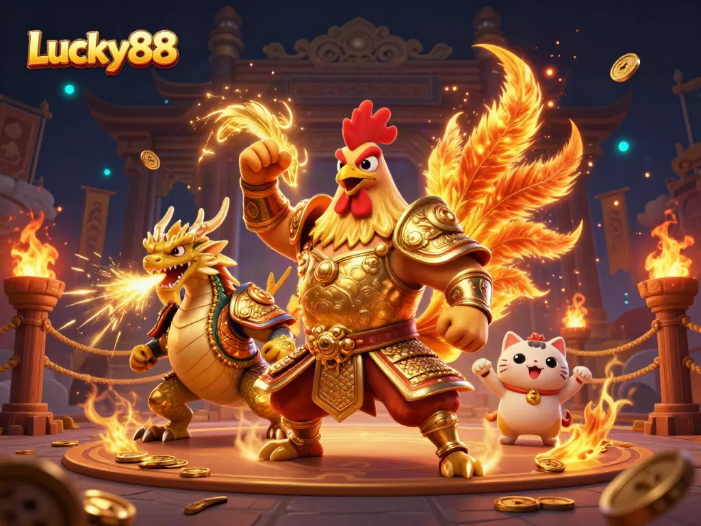 Engage with Lucky88's dynamic gaming features, featuring a fiery rooster warrior and dragon in a vibrant casino scene.