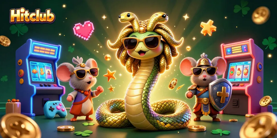 Experience the gaming thrills at Hitclub with colorful arcade elements and engaging characters in a vibrant casino-themed illustration.