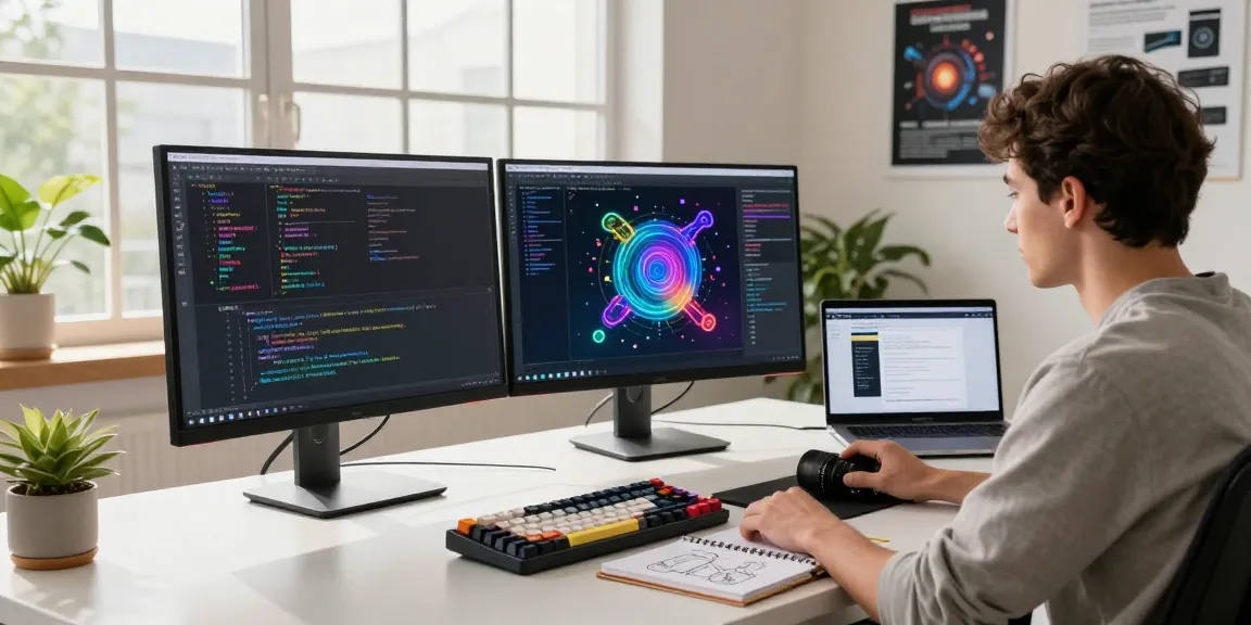 Developer engaged in nsfw ai project at modern desk, surrounded by tech and creativity elements.