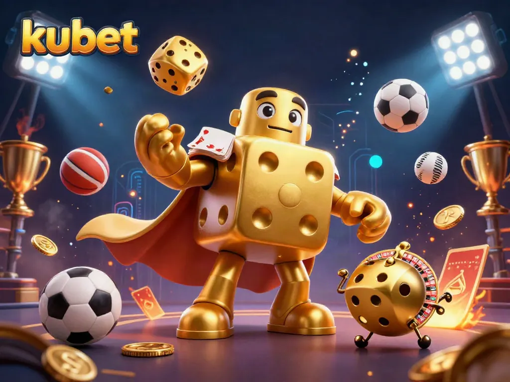 Kubet's 3D casino illustration showcases dynamic gaming elements with a dice golem and vibrant sports motifs.