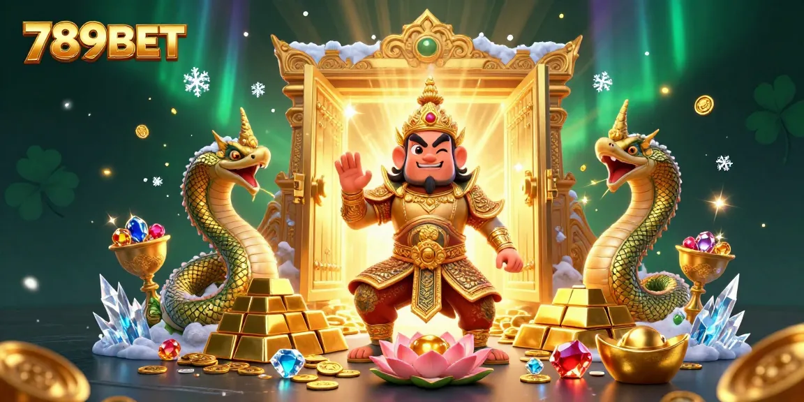 Engage in exciting gaming at 789BET with a vibrant 3D illustration featuring golden treasures and guardians.