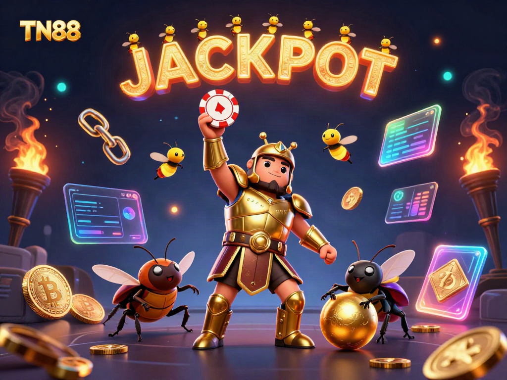Engaging scene depicting TN88's cartoon beetle characters celebrating casino wins with vibrant gameplay elements.