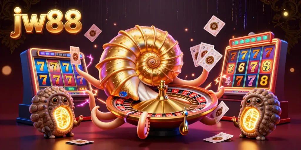 Experience thrilling gameplay with jw88's dazzling casino elements, including a giant nautilus roulette and vibrant slot machines.