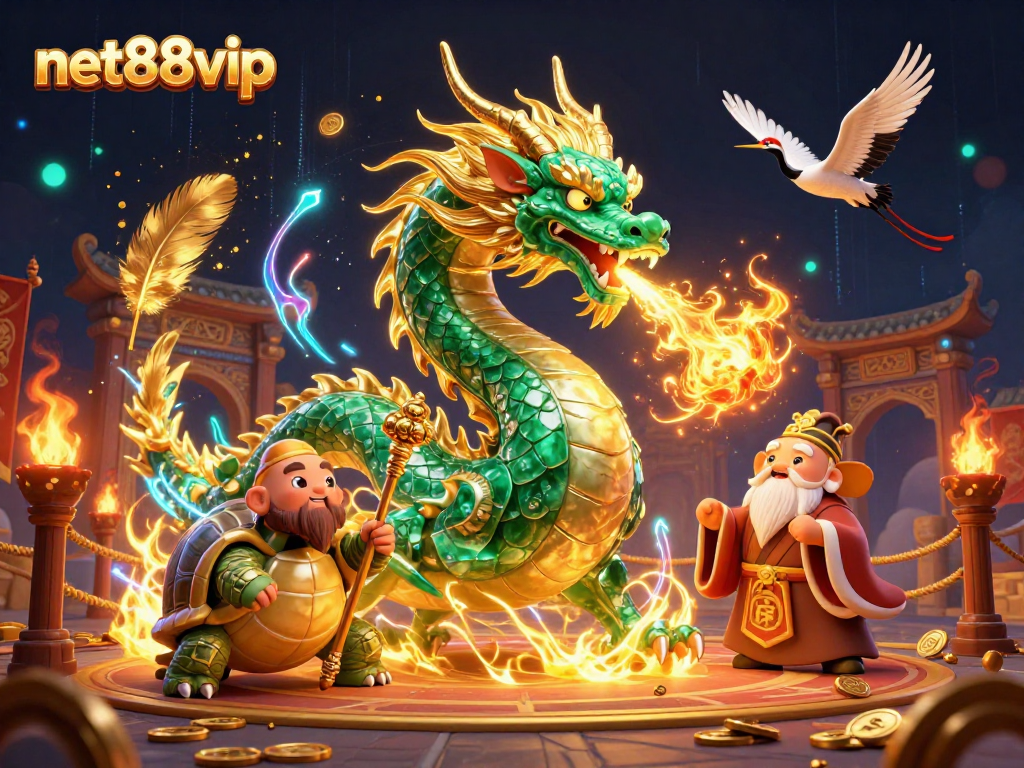 Experience exhilarating gaming with net88vip featuring a massive jade dragon and lucky cranes.