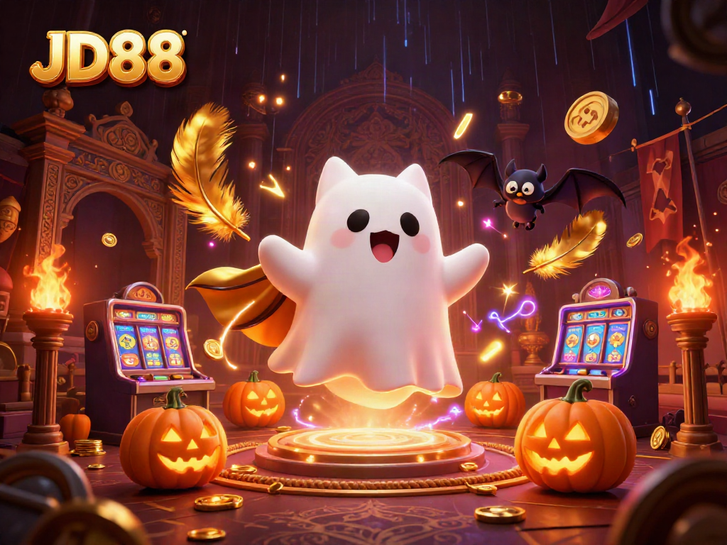 JD88 lives on as players engage with a spectral cat in a vibrant casino scene.