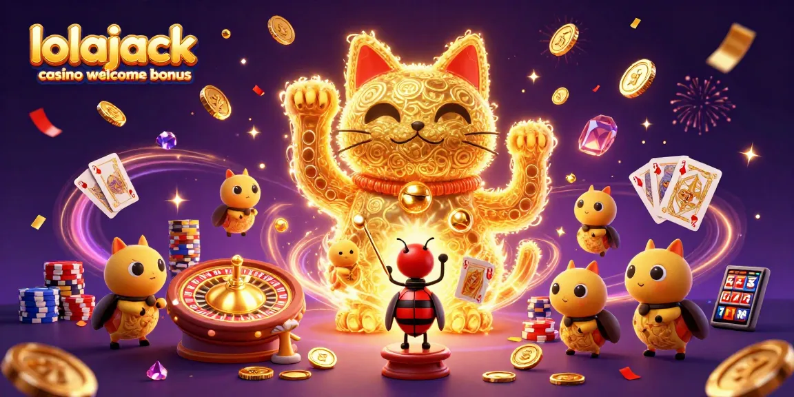 Experience the thrill of the lolajack casino welcome bonus with playful 3D characters and casino elements.