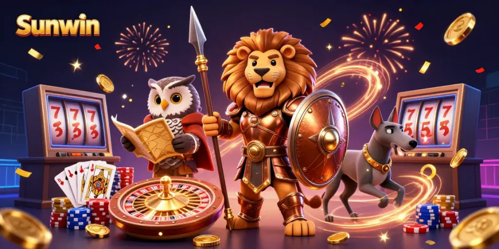 Experience thrilling gaming at Sunwin with a vibrant 3D illustration of a lion, owl, and greyhound amidst dynamic casino elements.