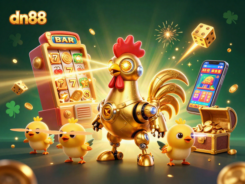 Engage with epic dn88 casino adventures featuring a futuristic rooster and baby chick drones.
