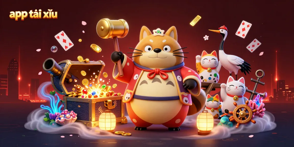 Experience the vibrant action of app tài xỉu, featuring a cheerful tanuki and lucky symbols in a dynamic casino scene.