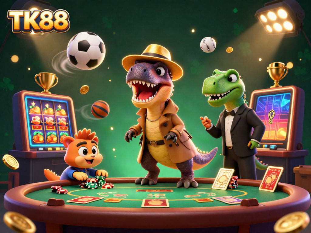 Witness the playful TK88 scene with a velociraptor card counter amidst thrilling casino elements.