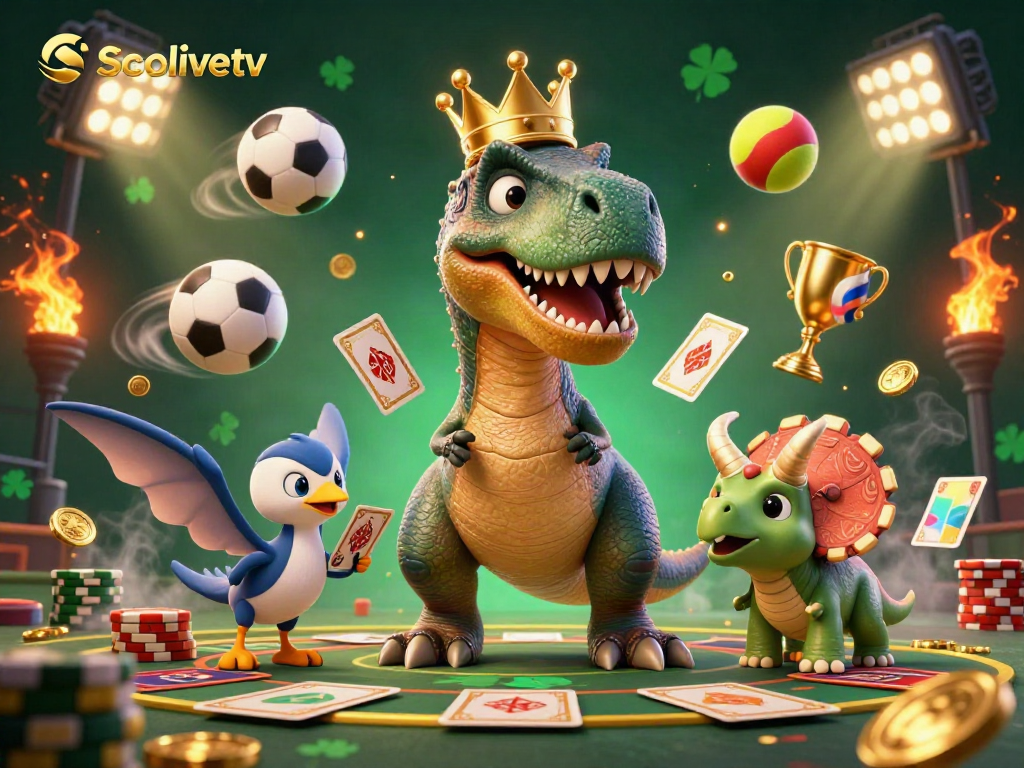 Socolivetv features a colorful scene with a T-Rex shuffling cards, dynamic sports elements, and exciting gaming action.