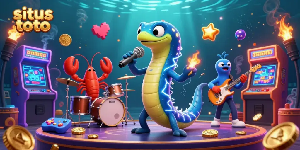 Engage in fun at situs toto with an electric eel DJ, lobster drummer, and seahorse guitarist in a vibrant underwater casino scene.
