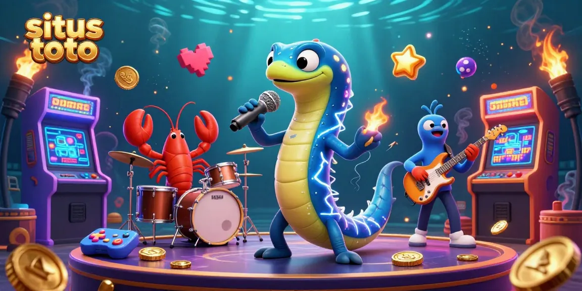 Engage in fun at situs toto with an electric eel DJ, lobster drummer, and seahorse guitarist in a vibrant underwater casino scene.