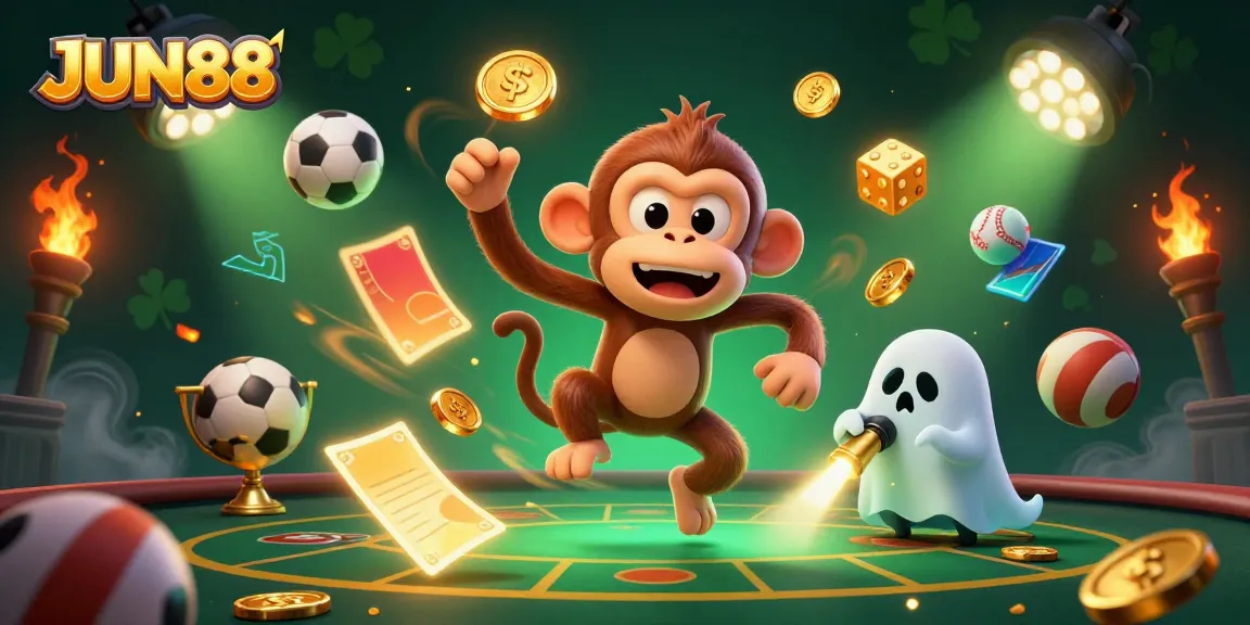 Experience the thrilling action of JUN88 with a ghostly monkey juggling golden gambling items in a haunted casino.