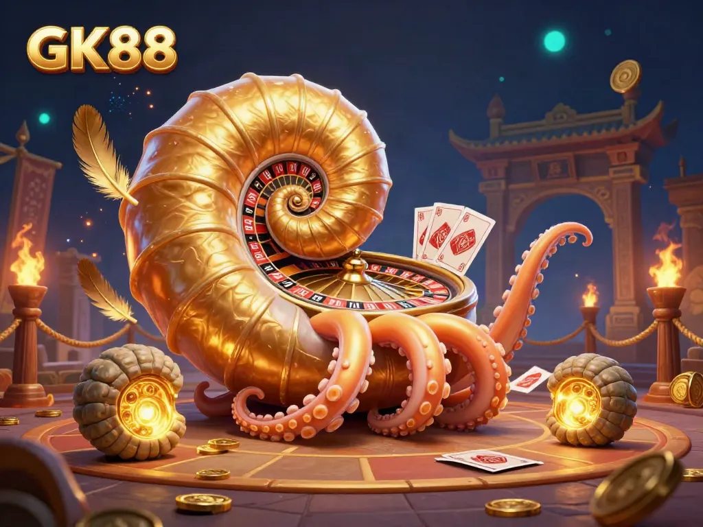 Engage with the vibrant GK88 gaming scene featuring a nautilus roulette wheel and glowing ammonites.