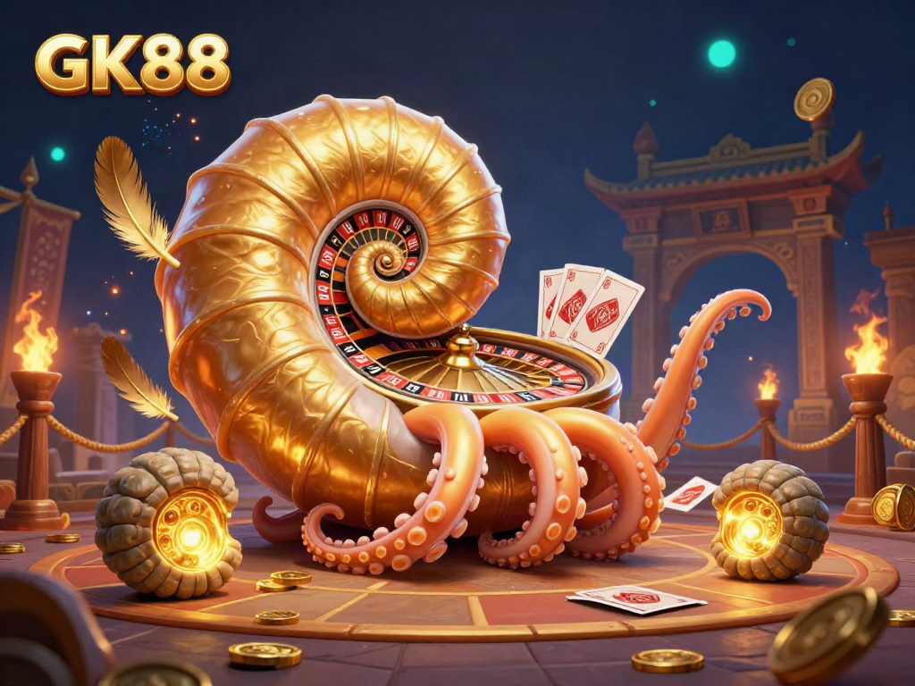 Engage with the vibrant GK88 gaming scene featuring a nautilus roulette wheel and glowing ammonites.