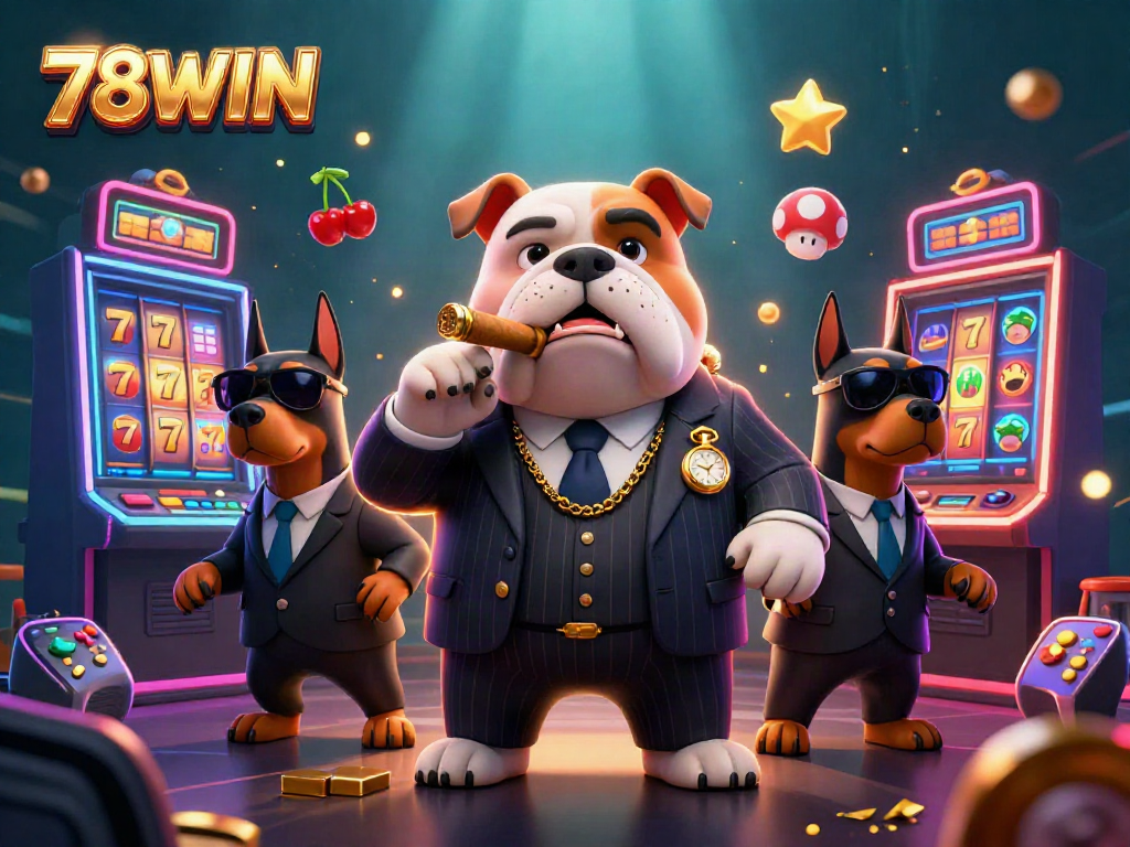 Experience thrilling casino gaming with 78WIN's rich 3D illustration of a mafia bulldog boss and colorful slots.