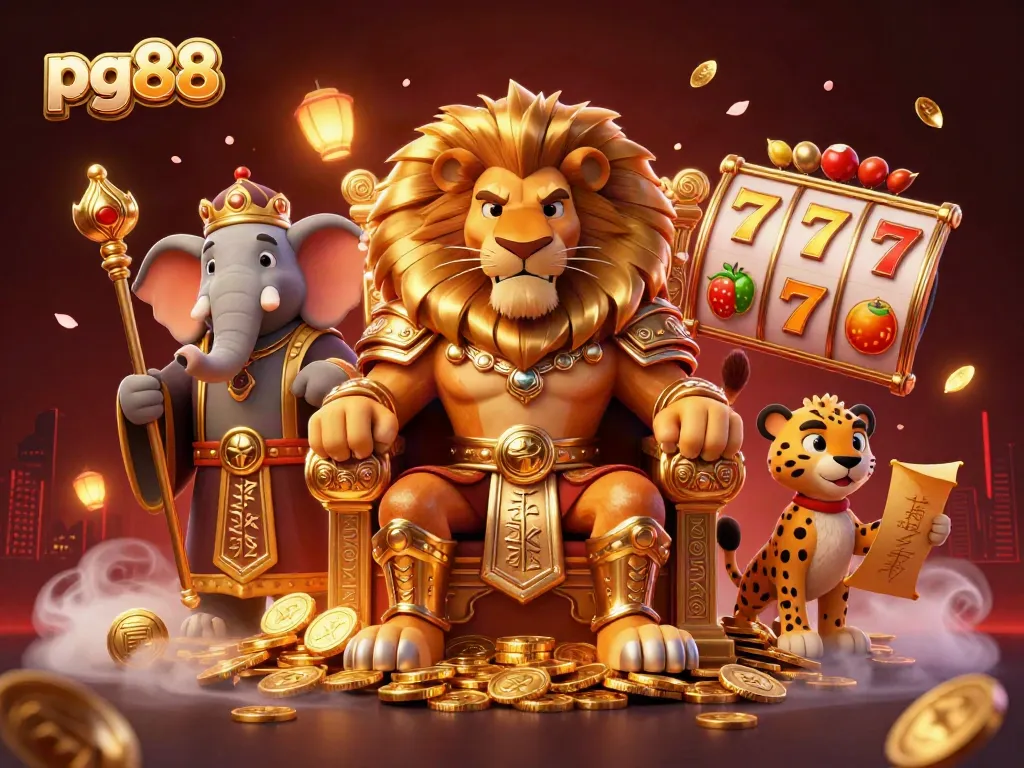 Engage in gameplay with pg88, featuring a regal lion king, elephant advisor, and a cheetah messenger amid vibrant slot elements.