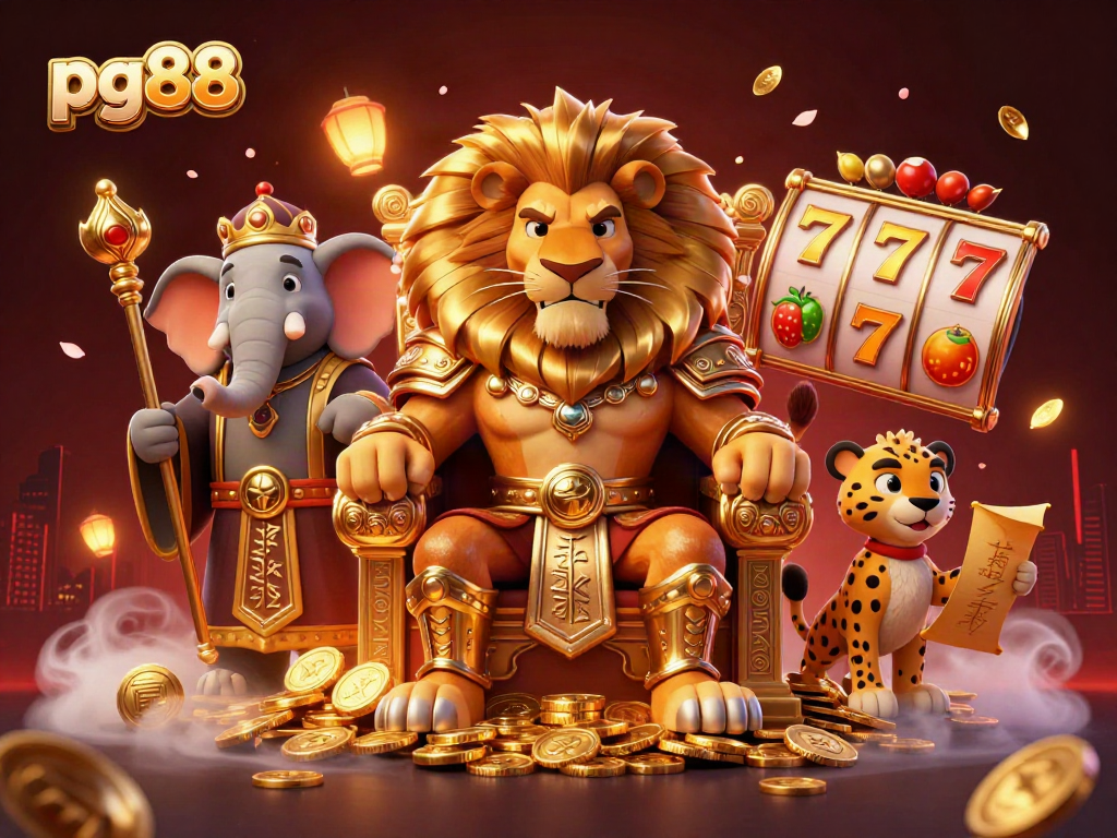 Engage in gameplay with pg88, featuring a regal lion king, elephant advisor, and a cheetah messenger amid vibrant slot elements.