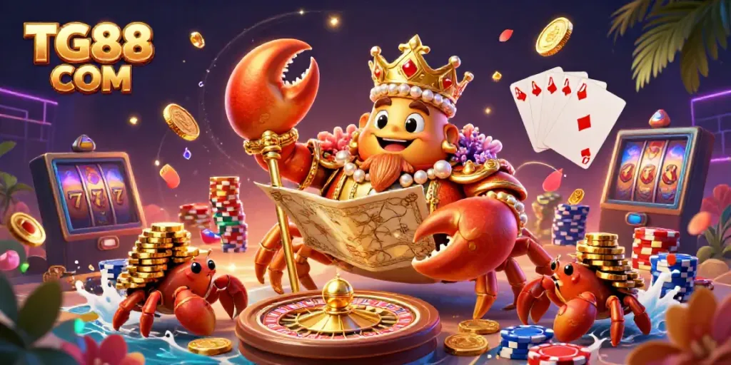 Experience the vibrant gaming world of TG88 COM with a golden crab emperor, treasure elements, and shining gems.