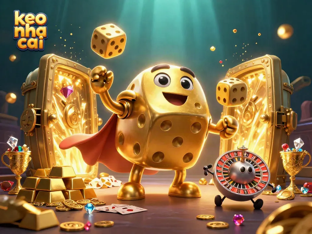 Engage with "keo nha cai" in a vibrant 3D gambling scene featuring dynamic golden dice and treasures.