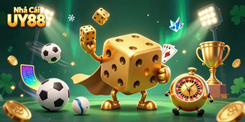 Experience the thrill with Nhà Cái UY88 in an energetic 3D casino scene featuring dynamic characters and game elements.