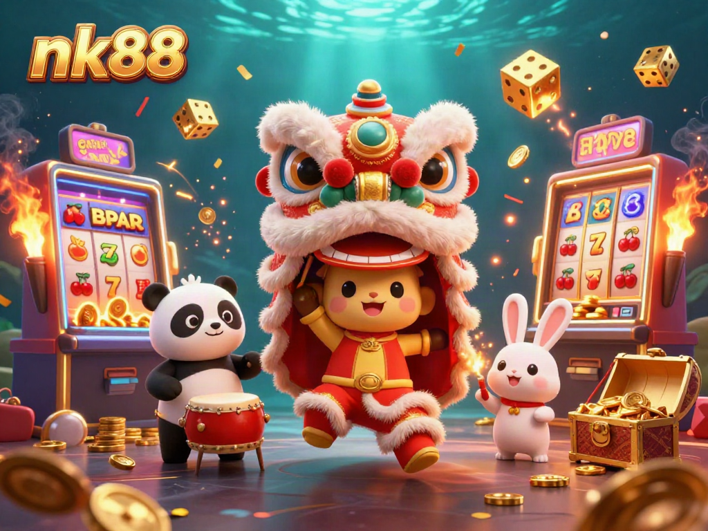 Experience nk88 excitement with lion dancers, pandas, and jackpots in this vibrant casino scene.