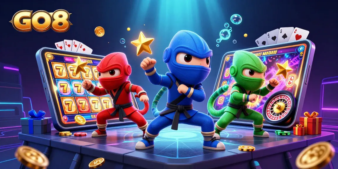 Engage with GO 8's vibrant casino scene featuring ninja chameleons and dynamic slot games.