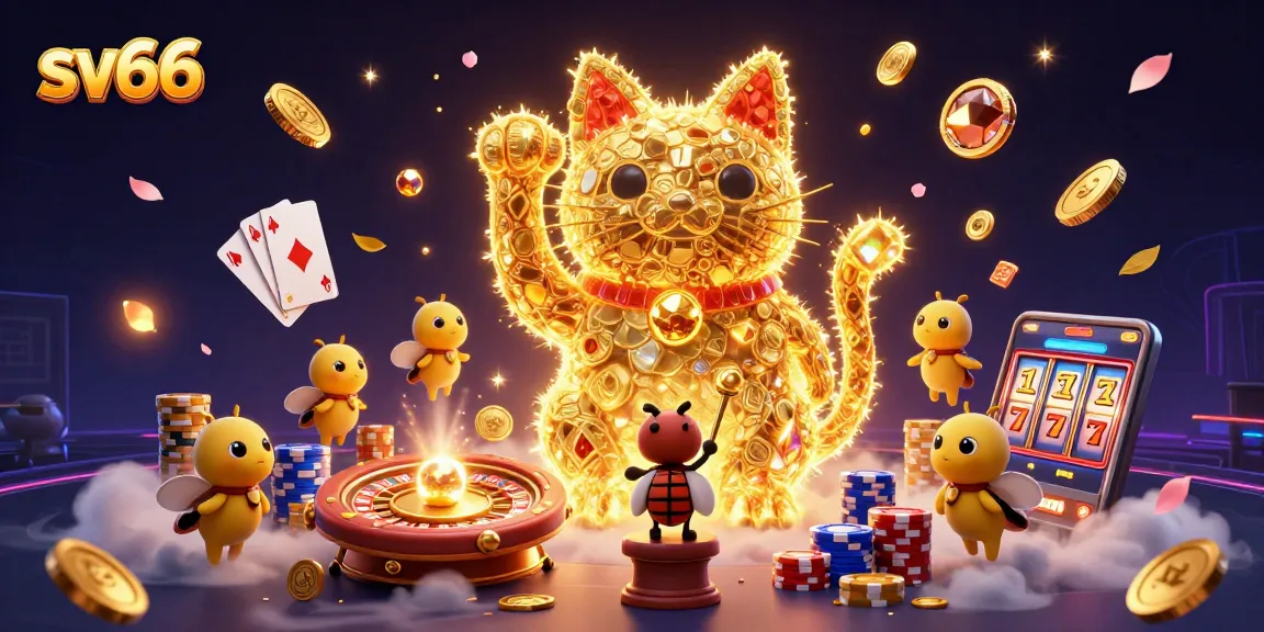 Experience the thrill of sv66 with a vibrant lucky cat scene rich in casino symbols and elements.